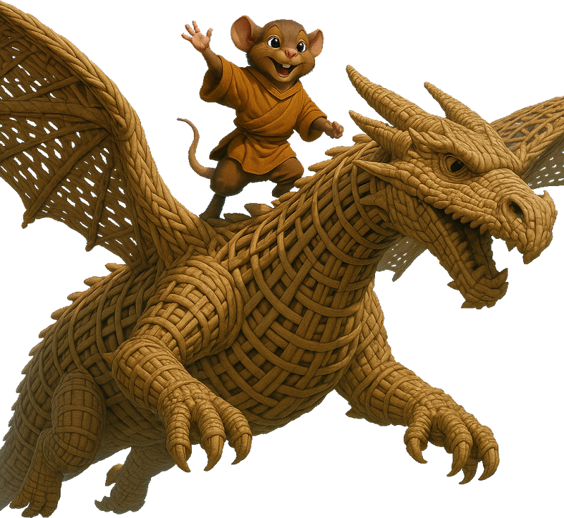 Shard, a cheering ratfolk monk, riding a wicker-and-brass mechanical dragon
