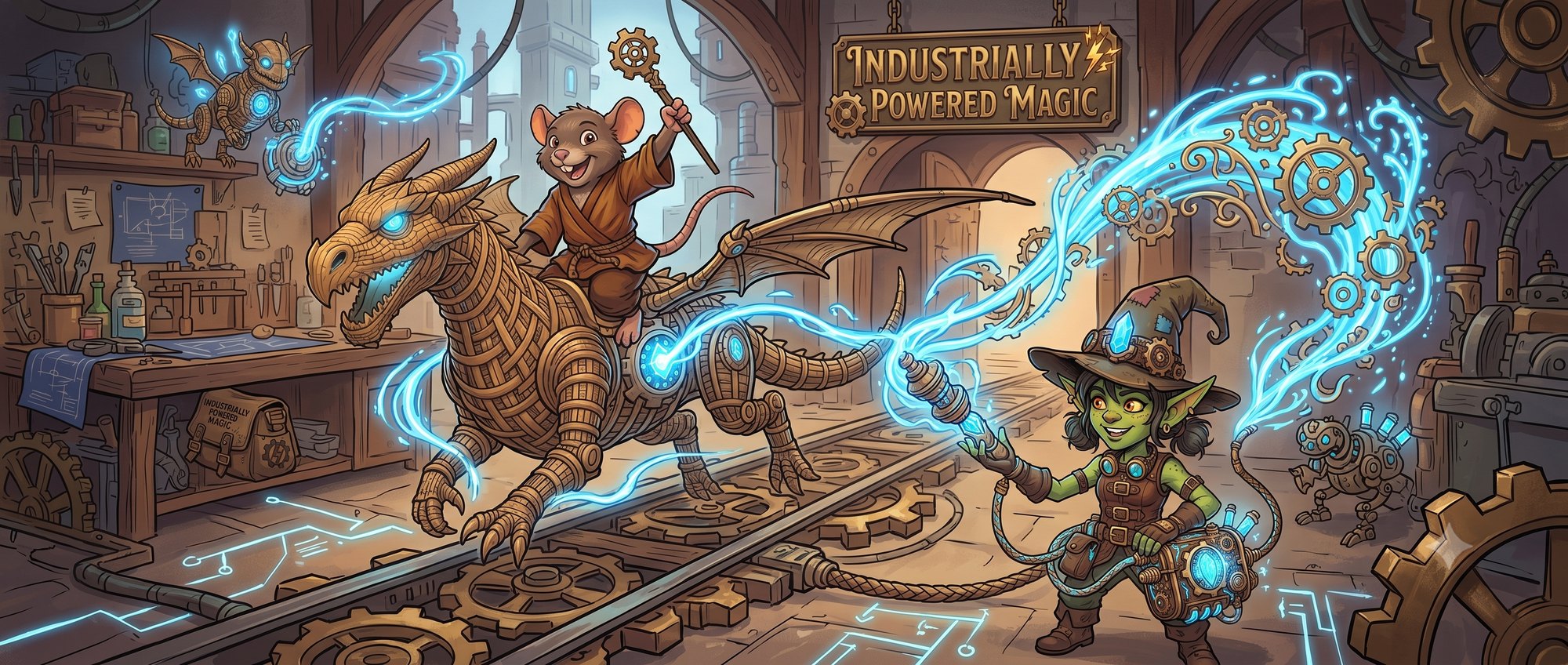 Sam, a green goblin artificer in a patched witch's hat, channels a stream of blue arcane current toward Shard, a ratfolk monk riding a wicker-and-brass mechanical dragon through a workshop of gears and machinery, beneath the words Industrially Powered Magic